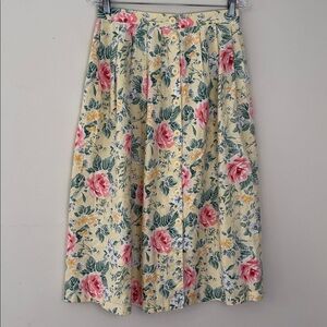 Lucia Vintage Pleated Floral midi skirt 100% Cotton yellow pink green hues SZ 8